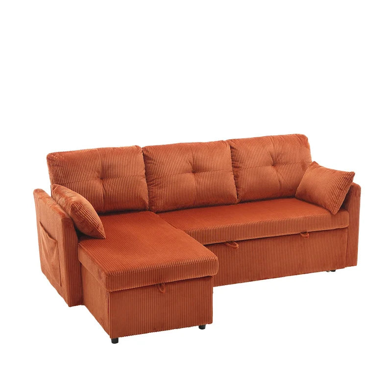 Pomarańczowa sofa narożna z tkaniny 81,1 cala: odwracalny szezlong, schowek, rama z litego drewna i piankowe siedziska