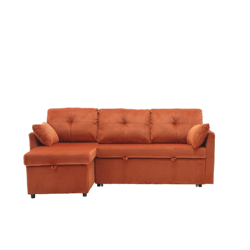 Pomarańczowa sofa narożna z tkaniny 81,1 cala: odwracalny szezlong, schowek, rama z litego drewna i piankowe siedziska