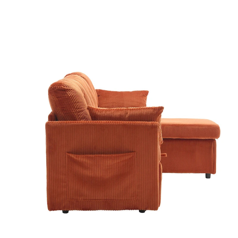 Pomarańczowa sofa narożna z tkaniny 81,1 cala: odwracalny szezlong, schowek, rama z litego drewna i piankowe siedziska