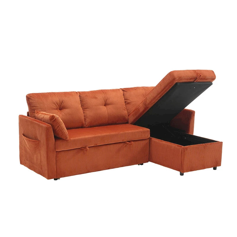 Pomarańczowa sofa narożna z tkaniny 81,1 cala: odwracalny szezlong, schowek, rama z litego drewna i piankowe siedziska