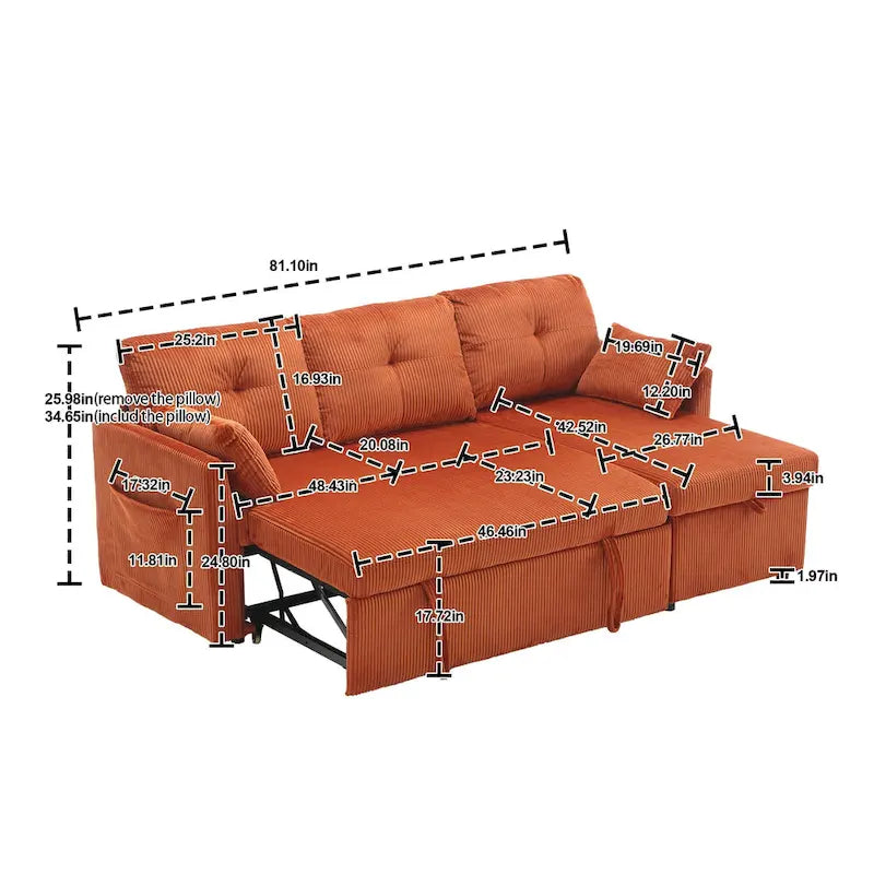 Pomarańczowa sofa narożna z tkaniny 81,1 cala: odwracalny szezlong, schowek, rama z litego drewna i piankowe siedziska