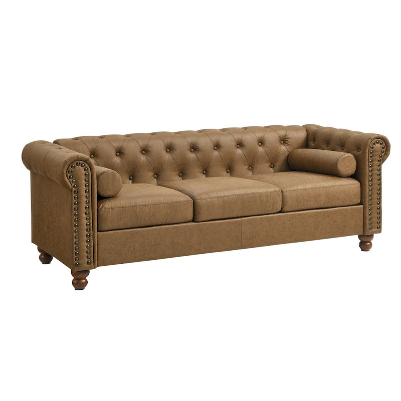 Canapé Chesterfield tapissé en tissu marron de 189 cm avec dossier capitonné, 2 appuie-têtes et coussins en éponge