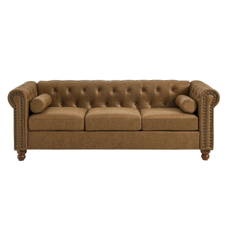 Canapé Chesterfield tapissé en tissu marron de 189 cm avec dossier capitonné, 2 appuie-têtes et coussins en éponge