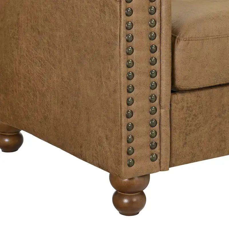 Canapé Chesterfield tapissé en tissu marron de 189 cm avec dossier capitonné, 2 appuie-têtes et coussins en éponge