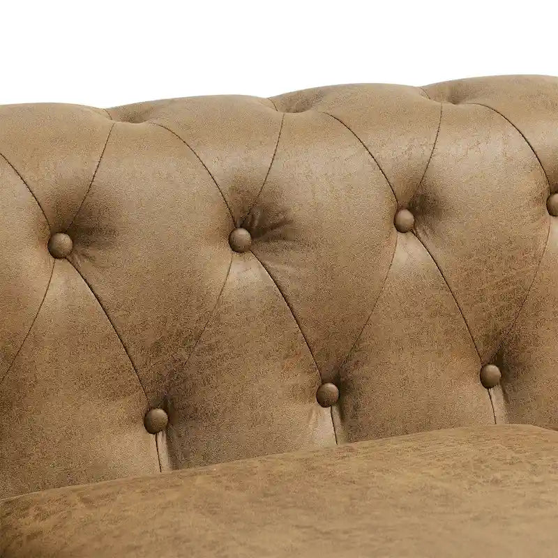 Canapé Chesterfield tapissé en tissu marron de 189 cm avec dossier capitonné, 2 appuie-têtes et coussins en éponge