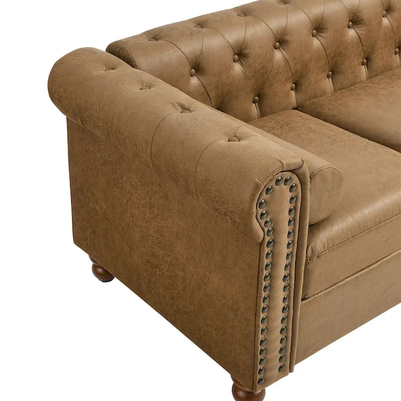 Canapé Chesterfield tapissé en tissu marron de 189 cm avec dossier capitonné, 2 appuie-têtes et coussins en éponge