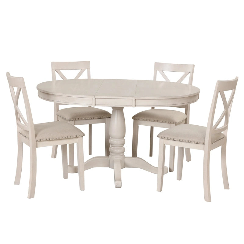 Ensemble de salle à manger vintage 5 pièces en bois blanc antique avec table ronde extensible et 4 chaises