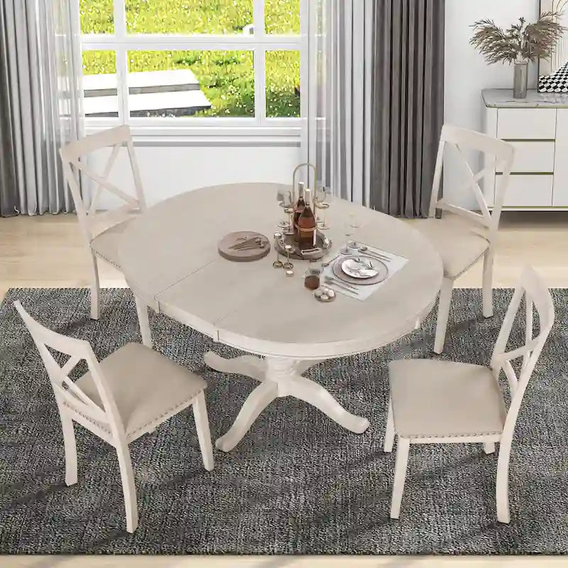 Ensemble de salle à manger vintage 5 pièces en bois blanc antique avec table ronde extensible et 4 chaises