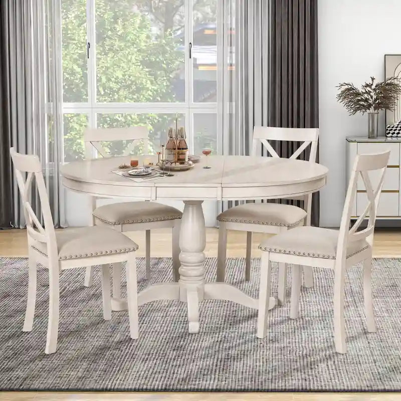 Ensemble de salle à manger vintage 5 pièces en bois blanc antique avec table ronde extensible et 4 chaises