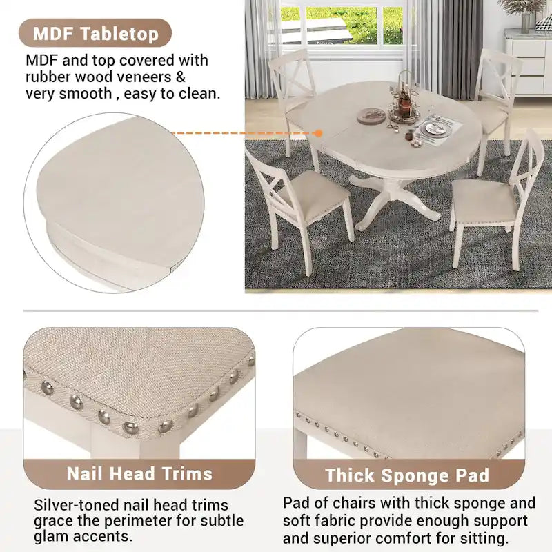 Ensemble de salle à manger vintage 5 pièces en bois blanc antique avec table ronde extensible et 4 chaises