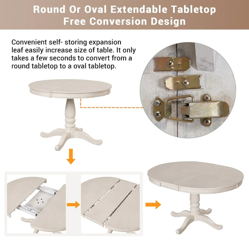 Ensemble de salle à manger vintage 5 pièces en bois blanc antique avec table ronde extensible et 4 chaises