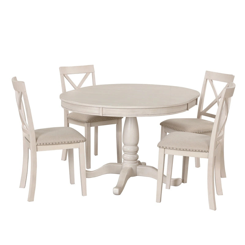 Ensemble de salle à manger vintage 5 pièces en bois blanc antique avec table ronde extensible et 4 chaises