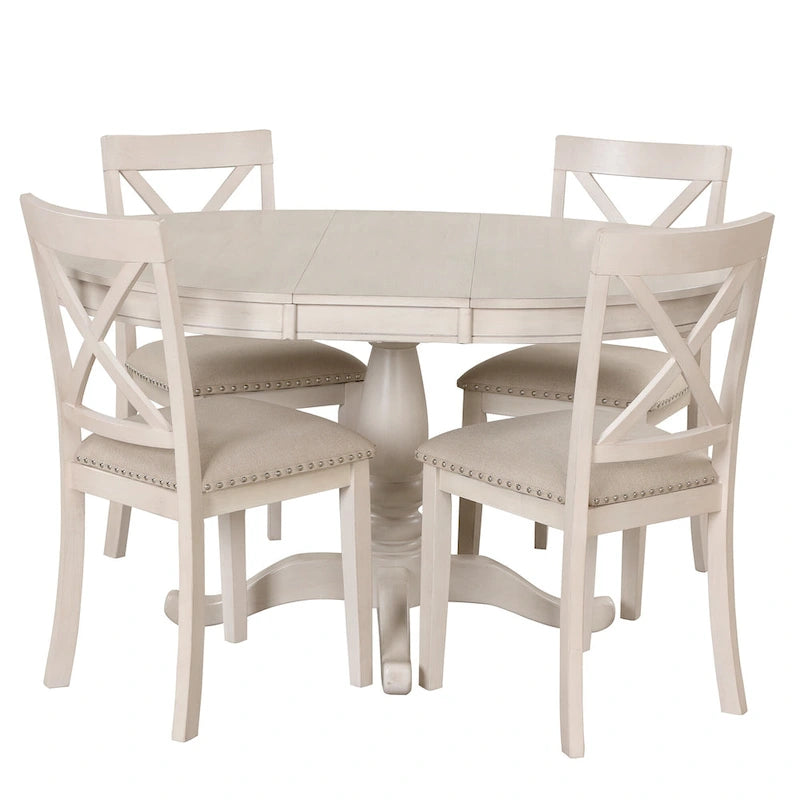 Ensemble de salle à manger vintage 5 pièces en bois blanc antique avec table ronde extensible et 4 chaises