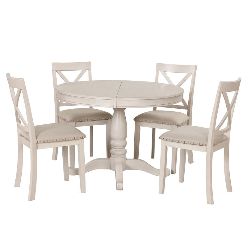 Ensemble de salle à manger vintage 5 pièces en bois blanc antique avec table ronde extensible et 4 chaises
