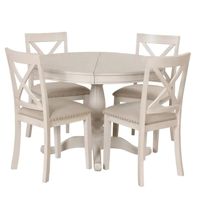 Ensemble de salle à manger vintage 5 pièces en bois blanc antique avec table ronde extensible et 4 chaises