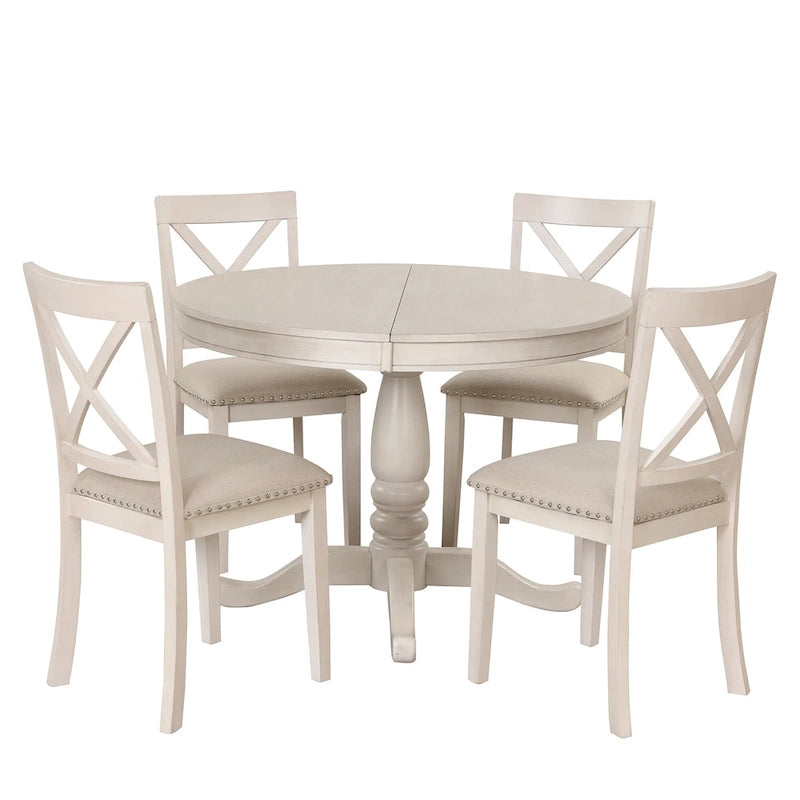 Ensemble de salle à manger vintage 5 pièces en bois blanc antique avec table ronde extensible et 4 chaises