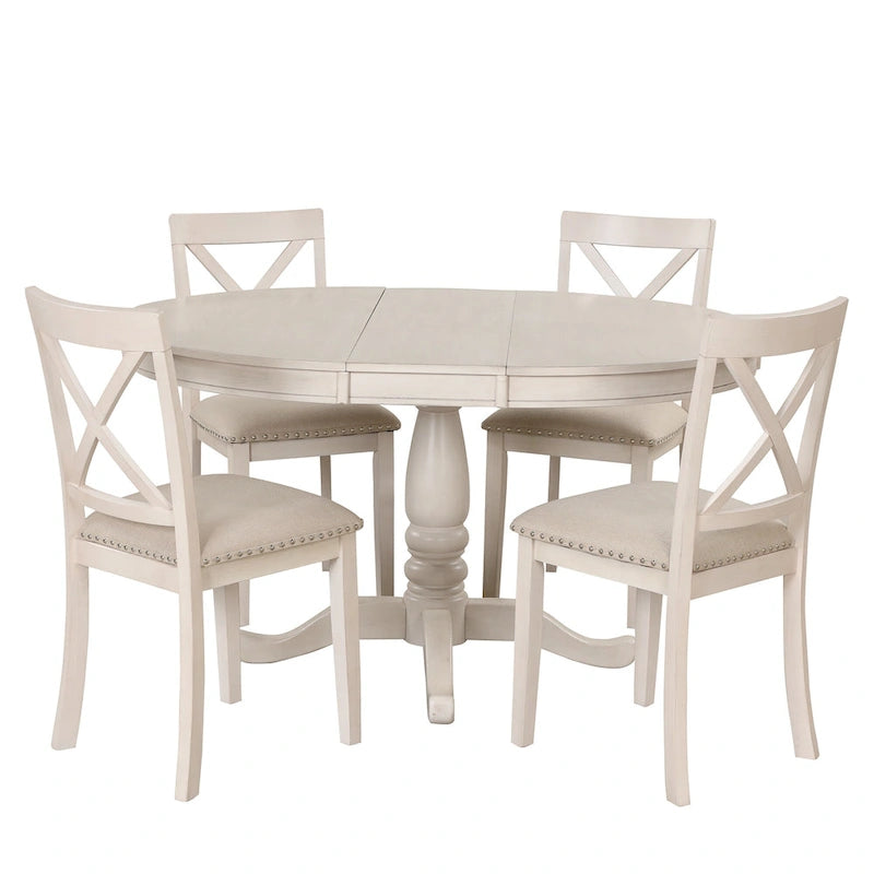 Ensemble de salle à manger vintage 5 pièces en bois blanc antique avec table ronde extensible et 4 chaises