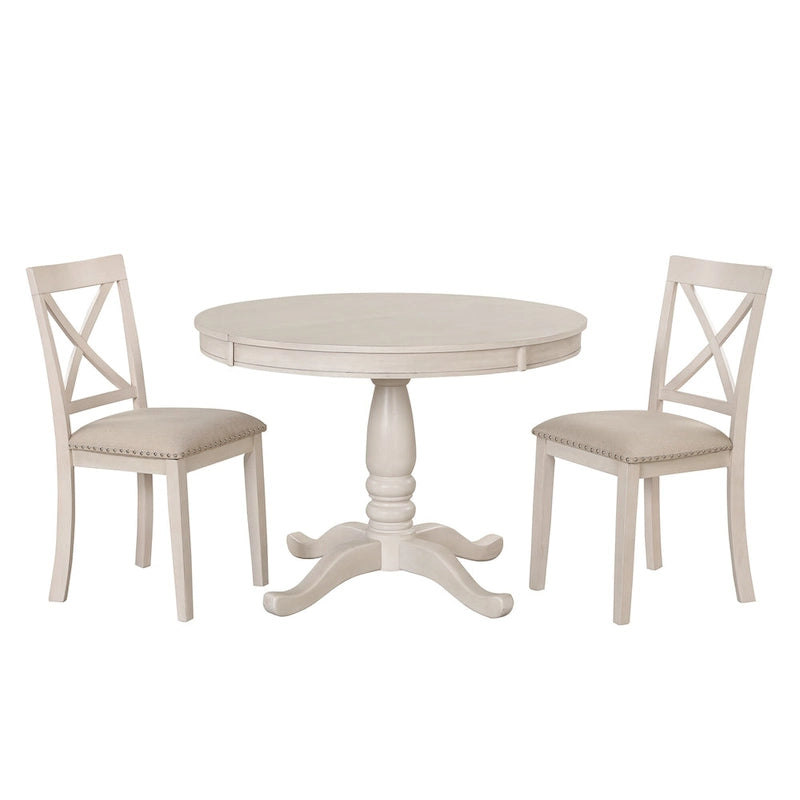 Ensemble de salle à manger vintage 5 pièces en bois blanc antique avec table ronde extensible et 4 chaises