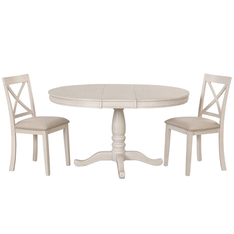 Ensemble de salle à manger vintage 5 pièces en bois blanc antique avec table ronde extensible et 4 chaises