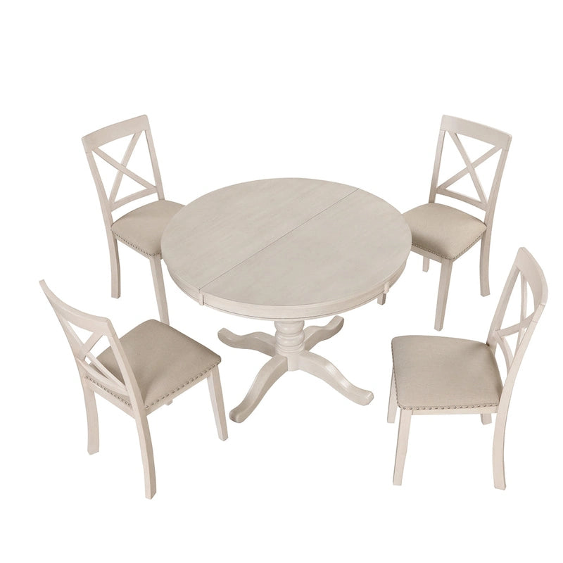 Ensemble de salle à manger vintage 5 pièces en bois blanc antique avec table ronde extensible et 4 chaises