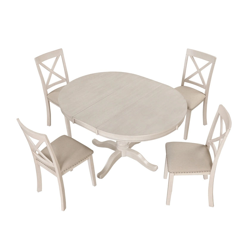 Ensemble de salle à manger vintage 5 pièces en bois blanc antique avec table ronde extensible et 4 chaises