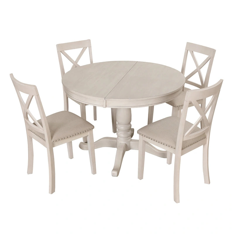 Ensemble de salle à manger vintage 5 pièces en bois blanc antique avec table ronde extensible et 4 chaises