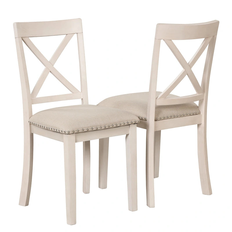 Ensemble de salle à manger vintage 5 pièces en bois blanc antique avec table ronde extensible et 4 chaises