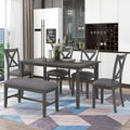Ensemble de salle à manger traditionnel gris en bois 6 pièces avec 4 chaises rembourrées et un banc