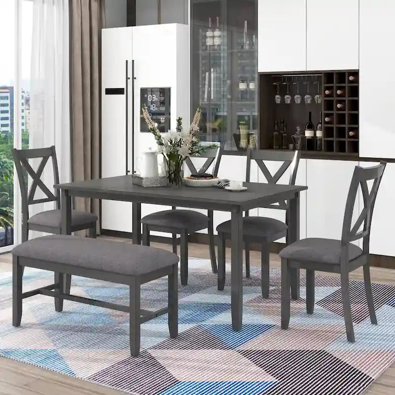 Ensemble de salle à manger traditionnel gris en bois 6 pièces avec 4 chaises rembourrées et un banc