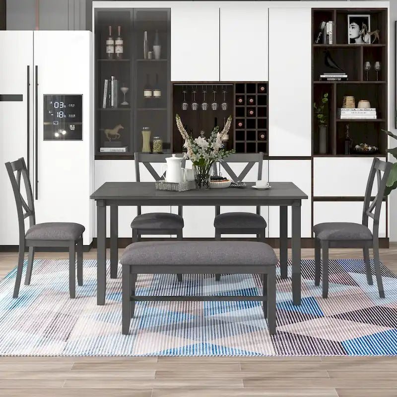 Ensemble de salle à manger traditionnel gris en bois 6 pièces avec 4 chaises rembourrées et un banc