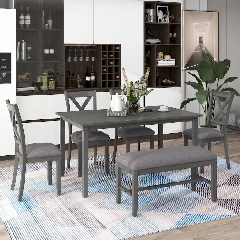 Ensemble de salle à manger traditionnel gris en bois 6 pièces avec 4 chaises rembourrées et un banc