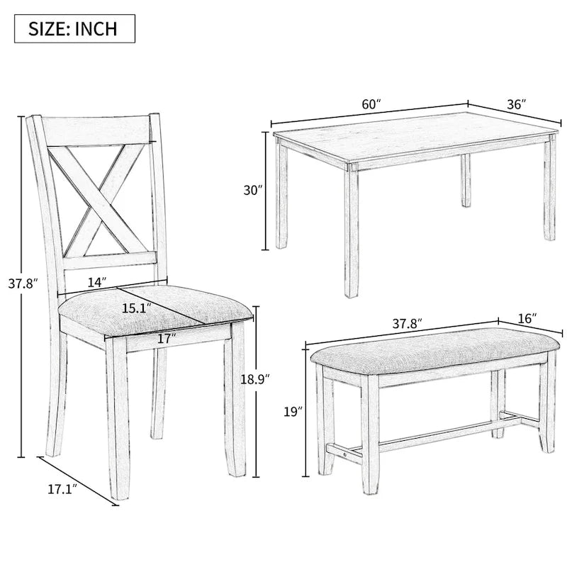 Ensemble de salle à manger traditionnel gris en bois 6 pièces avec 4 chaises rembourrées et un banc