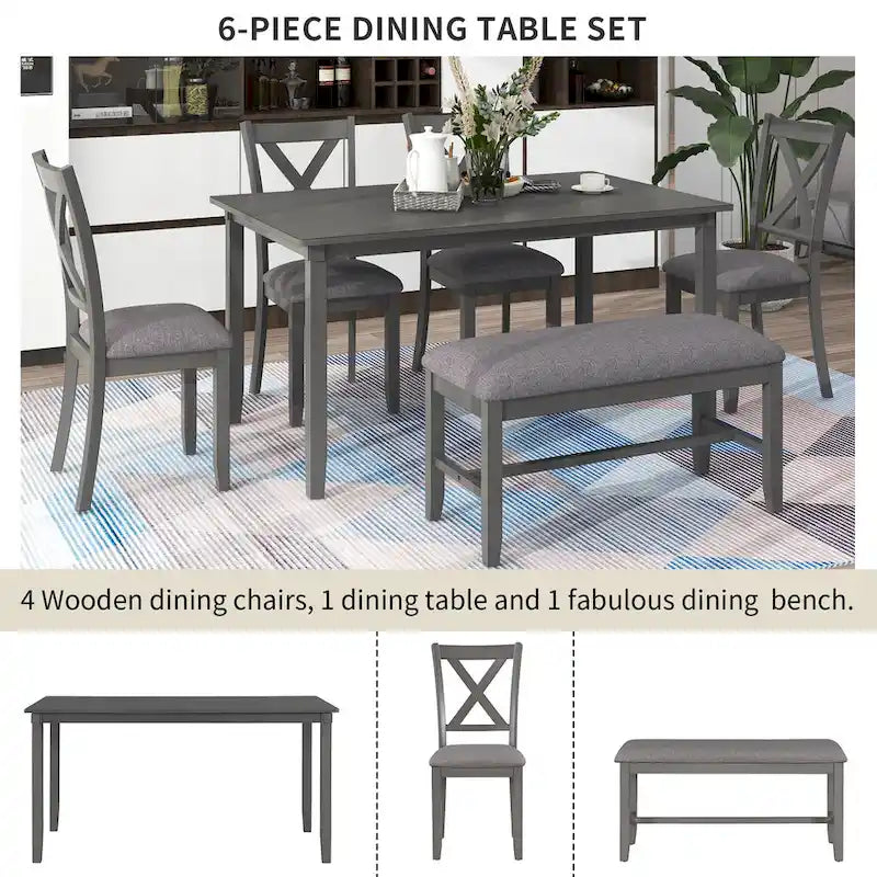 Ensemble de salle à manger traditionnel gris en bois 6 pièces avec 4 chaises rembourrées et un banc