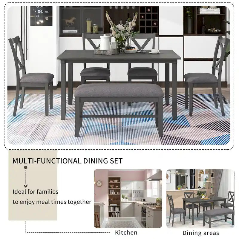 Ensemble de salle à manger traditionnel gris en bois 6 pièces avec 4 chaises rembourrées et un banc