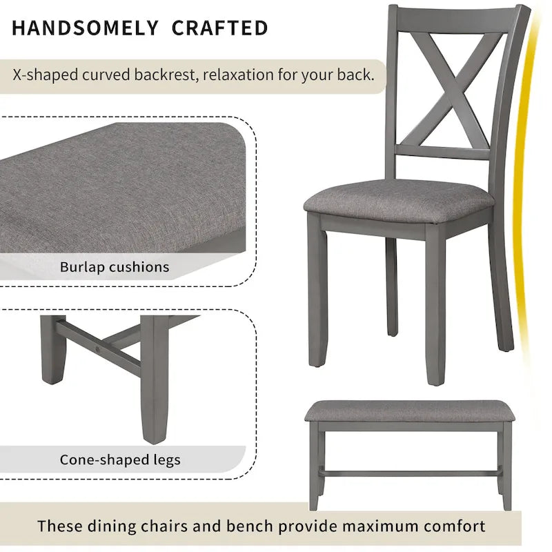 Ensemble de salle à manger traditionnel gris en bois 6 pièces avec 4 chaises rembourrées et un banc