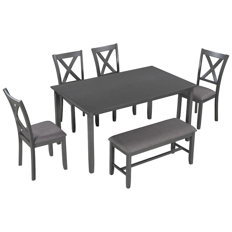 Ensemble de salle à manger traditionnel gris en bois 6 pièces avec 4 chaises rembourrées et un banc