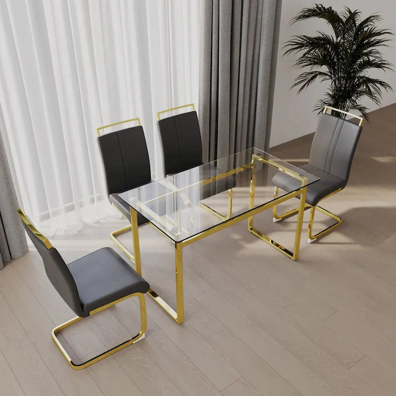 Nowoczesny 5-częściowy zestaw mebli do jadalni ze stołem prostokątnym ze szkła hartowanego i krzesłami bez podłokietników z wysokim oparciem na złotych nogach