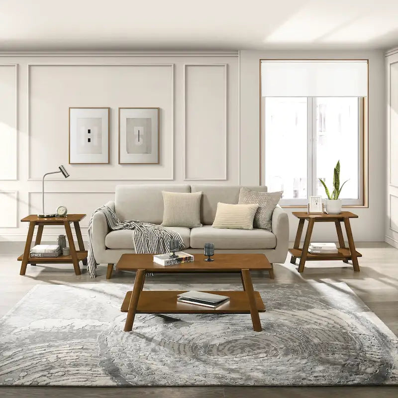 Mid-Century Modern Storage 3-Piece Coffee Table Set with Shelf and Cylinder-shaped Rubberwood Legs