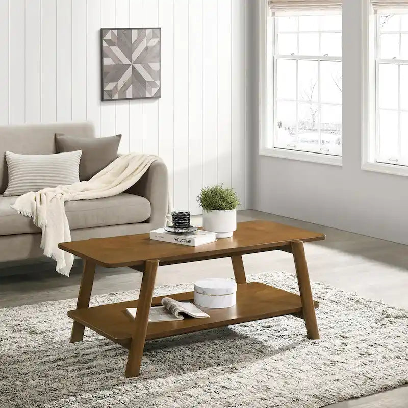 Ensemble de 3 tables basses de rangement Mid-Century Modern avec étagère et pieds cylindriques en bois d'hévéa