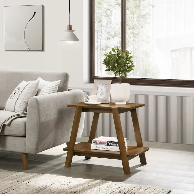 Ensemble de 3 tables basses de rangement Mid-Century Modern avec étagère et pieds cylindriques en bois d'hévéa