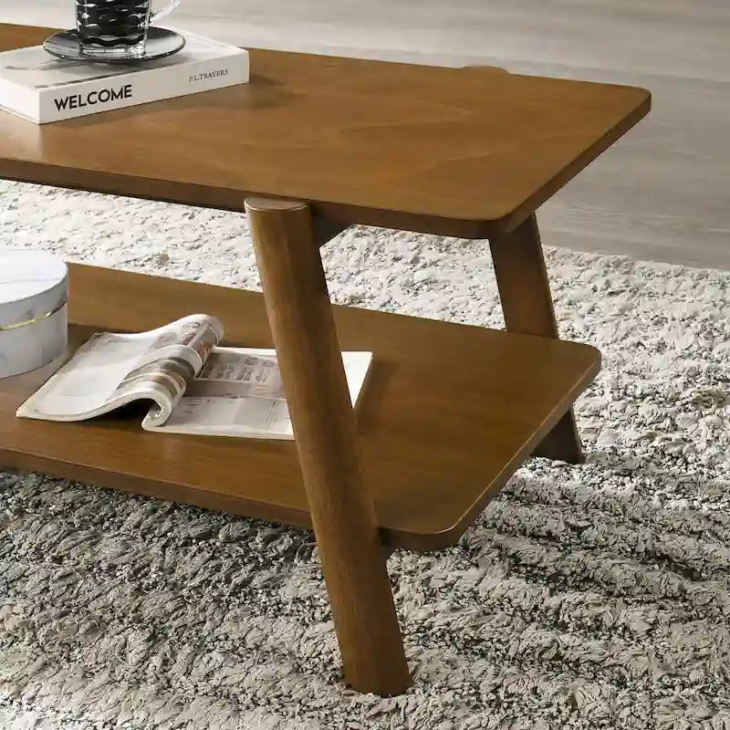 Ensemble de 3 tables basses de rangement Mid-Century Modern avec étagère et pieds cylindriques en bois d'hévéa