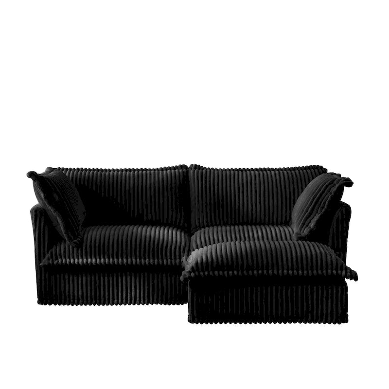 Sofa sekcyjna dwuosobowa z sztruksu z regulowanym pufem i poduszkami