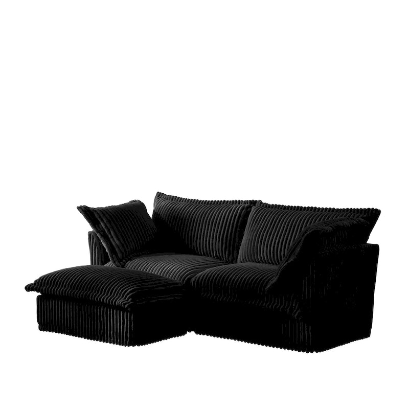 Sofa sekcyjna dwuosobowa z sztruksu z regulowanym pufem i poduszkami