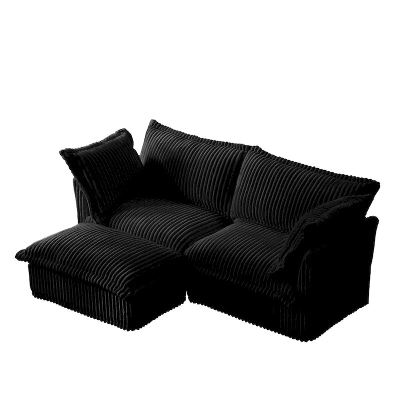 Sofa sekcyjna dwuosobowa z sztruksu z regulowanym pufem i poduszkami