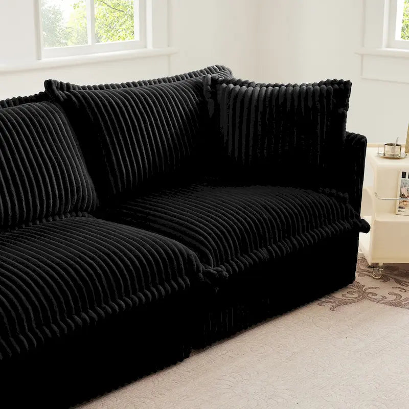 Sofa sekcyjna dwuosobowa z sztruksu z regulowanym pufem i poduszkami