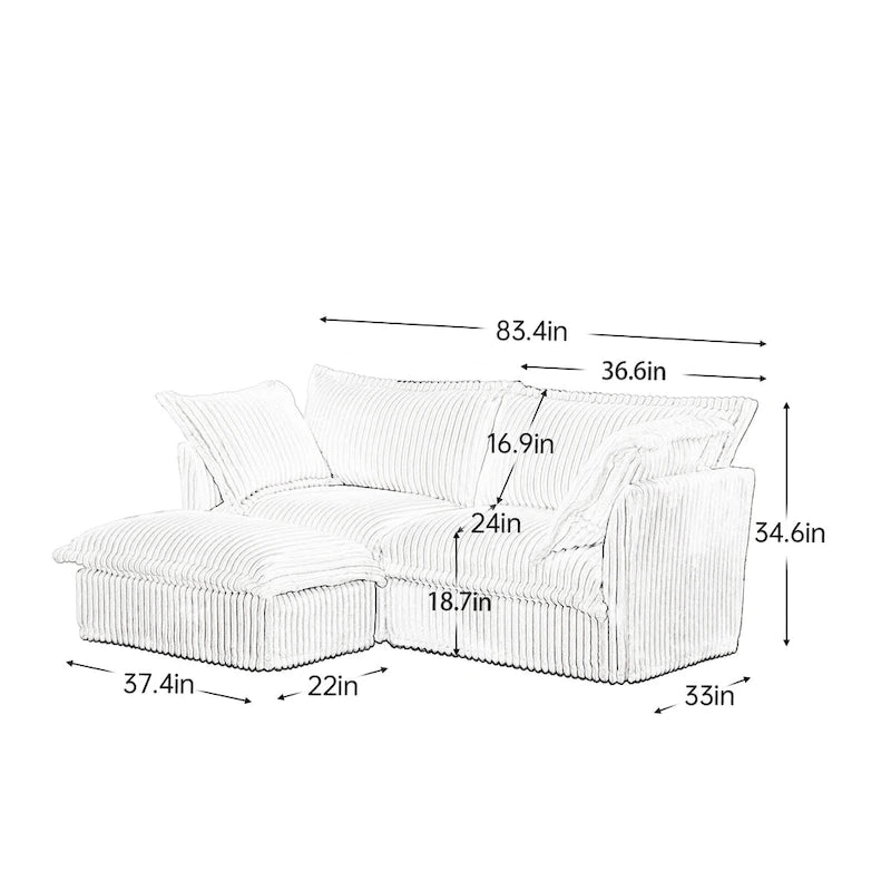 Sofa sekcyjna dwuosobowa z sztruksu z regulowanym pufem i poduszkami
