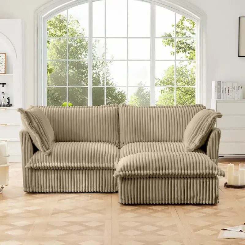 Sofa sekcyjna dwuosobowa z sztruksu z regulowanym pufem i poduszkami