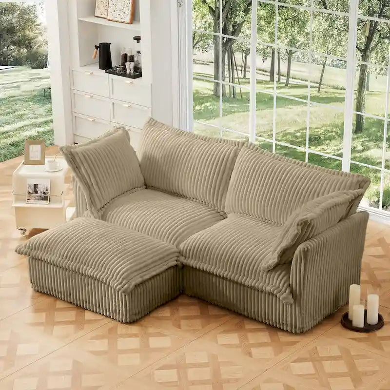Sofa sekcyjna dwuosobowa z sztruksu z regulowanym pufem i poduszkami
