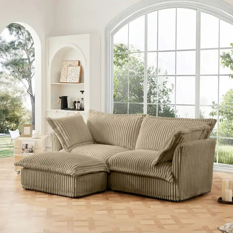 Sofa sekcyjna dwuosobowa z sztruksu z regulowanym pufem i poduszkami