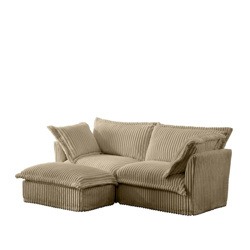 Sofa sekcyjna dwuosobowa z sztruksu z regulowanym pufem i poduszkami